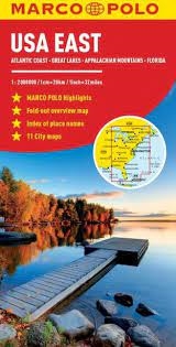 Eastern USA road and travel map. Covers the Atlantic coast or Eastern seaboard, Great lakes, Appalachian Mountains all the way south to Florida. Includes an index with details for 11 cities! 7 self-adhesive Marco Polo mark-it stickers can be used to pin-p
