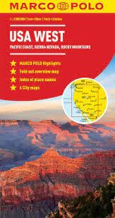 Western USA travel road map with an index map for six major cities. Covers the entire Pacific Coast or Western Seaboard, Sierra Nevada and the Rocky Mountains. Cities include Beverly Hills or Hollywood, Denver, LA or Los Angeles, Las Vegas, San Francisco
