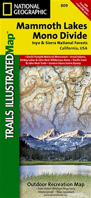 Mammoth Lakes Mono Divide Inyo and Sierra National Forests by National Geographic map. This Trails Illustrated map features Ansel Adams Wilderness, Courtright Reservoir, Dinkey Lakes Wilderness, Inyo National Forest, John Muir Wilderness, Kings Canyon Nat
