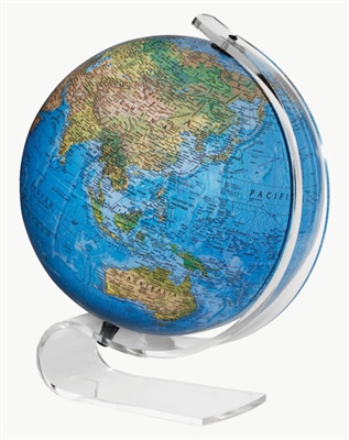 Consulate - 12 inch Illuminated globe. The Consulate is the perfect partnership between modern design and functionality. The acrylic, swans neck consulate base features a 12 Inch blue ocean, raised relief two-way map. The perfect accent piece for any room