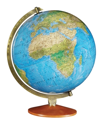 Odessa 12 inch Illuminated World Globe. The Odessa features a hardwood tapered base and die-cast semi-meridian. The two-way map and raised-relief design of this 12" globe provide a standard view of the physical world or an illuminated display of the polit