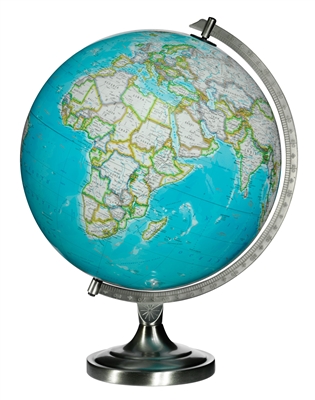 Bartlett 12" Illuminated World Globe. The Bartlett features a beautiful hue on blue updated cartography. Bring the vastness of the world back to life for explorers of all ages with this illuminated desk globe. Perfect for the home office, family or classr