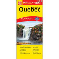 Quebec Provincial laminated travel map. This compact map has color-coded highways, clear exit names, a detailed legend, and community name index. The legend shows different levels of highways and roads, railways, distances, airports, hospitals, campground