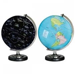 The Day globe shows the striking colors of a blue ocean political map when not lit. Turn the light on and witness the incredible change to the sky at night.  The Night globe names and shows 88 constellations and more than 35 of the brightest stars. This u