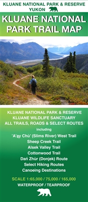 Kluane National Park Trail Map.   This waterproof map is one of the best hiking, biking, backpacking and mountaineering regions in Northern Canada.  Walking, camping, paddling and wildlife viewing are popular activities.  This map includes trails, roads,