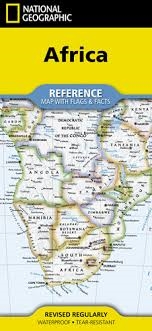 AFRICA REFERENCE MAP WITH FLAGS & FACTS.  This is a compact folded 13 x 18 map of Africa showing country names and cities.  There is also a smaller view of Africa with physical features.  Flags and facts for each country is on the reverse.