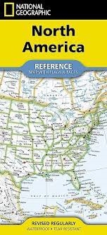 NORTH AMERICA REFERENCE MAP WITH FLAGS & FACTS.  This is a compact folded 13 x 18 inch map of North America showing country names and cities. There is also a smaller view of North America with physical features. Flags and facts for each country is on the