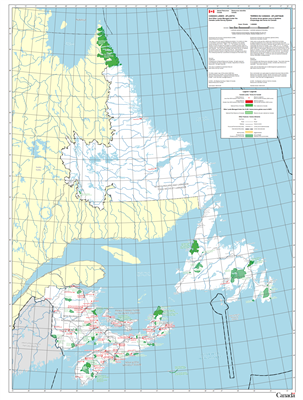 Atlantic Provinces First Nations Wall Map. This map shows all First Nations on the East Coast of Canada. Includes the provinces of Newfoundland & Labrador, New Brunswick, PEI and Nova Scotia. Includes Indian Reserves, Settlements, Parks, Communities and o