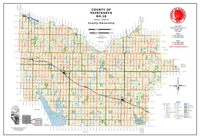 Paintearth County Landowner map - County 18. County and Municipal District (MD) maps show surface land ownership with each 1/4 section labeled with the owners name. Also shown by color are these land types - Crown (government), Freehold (private) and Crow