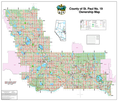 St. Paul County Landowner map - County 19. County and Municipal District (MD) maps show surface land ownership with each 1/4 section labeled with the owners name. Also shown by color are these land types - Crown (government), Freehold (private) and Crown