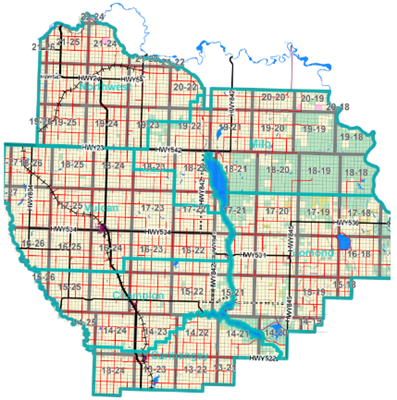 Vulcan County 2 Landownership Map. County and Municipal District (MD) maps show surface land ownership with each 1/4 section labeled with the owners name. Also shown by color are these land types - Crown (government), Freehold (private) and Crown Leased l