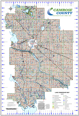 Camrose County Landowner map - County 22. County and Municipal District (MD) maps show surface land ownership with each 1/4 section labeled with the owners name. Also shown by color are these land types - Crown (government), Freehold (private) and Crown L