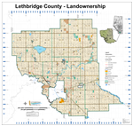 Lethbridge County Landowner map - County 26. County and Municipal District (MD) maps show surface land ownership with each 1/4 section labeled with the owners name. Also shown by color are these land types - Crown (government), Freehold (private) and Crow