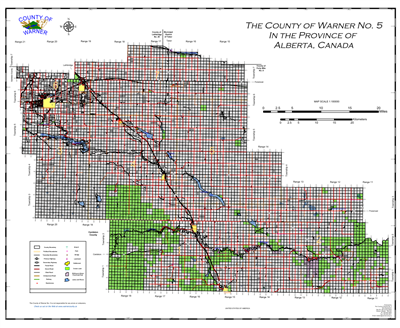 Warner County Landowner map - County 5. County and Municipal District (MD) maps show surface land ownership with each 1/4 section labeled with the owners name. Also shown by color are these land types - Crown (government), Freehold (private) and Crown Lea