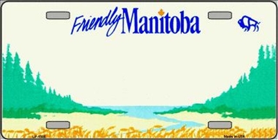 Friendly Manitoba - Metal License Plate. This reproduction license plate reads Friendly Manitoba with a buffalo logo. Heavy duty metal that can go on the front of the car or in your man cave.