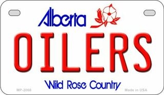 Edmonton Oilers - Alberta Metal License Plate. Heavy duty metal that can go on the front of the car or in your man cave. This Wild Rose Country 6" x 12" automotive high gloss metal license plate tag. Made of the highest quality aluminum for a weather resi