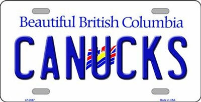 Vancouver Canucks Metal License Plate. This license plate reads Beautiful British Columbia CANUCKS, with the flag of BC in the background. Gotta support the team!