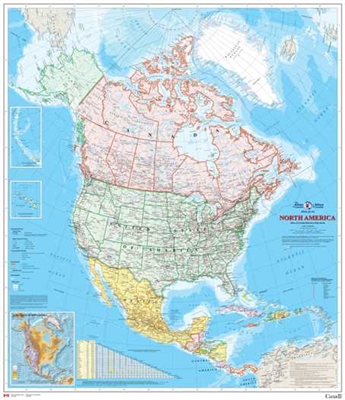 North America Natural Resources Canada Wall Map. The map is a general reference map giving detailed coverage of populated places, transportation routes and the drainage network. Land areas are colored to represent individual countries and dependencies