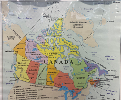 Wall Map of Canada. This is a simplistic and very colorful map of Canada showing the provinces and territories along with their names, plus the names of the capital cities. A great educational resource for the classroom, making it easy for kids to get a s