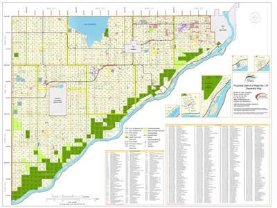 Peace Municipal District 135 Landownership map. Includes the towns of Grimshaw and Peace River, along with the First Nation of Duncan. County and Municipal District (MD) maps show surface land ownership with each 1/4 section labeled with the owners name.