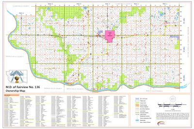 Fairview Municipal District Landowner map - MD 136. County and Municipal District (MD) maps show surface land ownership with each 1/4 section labeled with the owners name. Also shown by color are these land types - Crown (government), Freehold (private) a