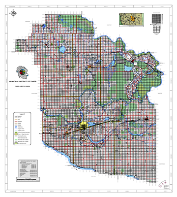 Taber Municipal District Landownership Map. County and Municipal District (MD) maps show surface land ownership with each 1/4 section labeled with the owners name. Also shown by color are these land types - Crown (government), Freehold (private) and Crown