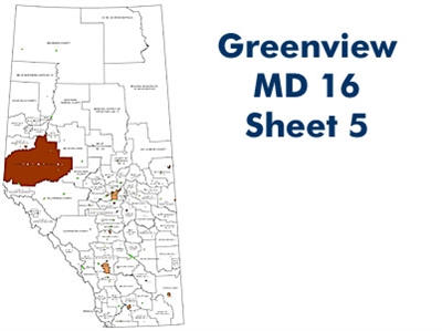 Greenview MD 16 Landowner map - Sheet 5. County and Municipal District (MD) maps show surface land ownership with each 1/4 section labeled with the owners name. Also shown by color are these land types - Crown (government), Freehold (private) and Crown