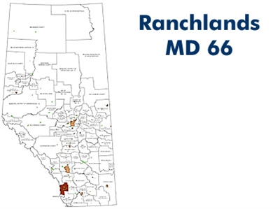 Ranchlands Municipal District Landowner map - MD 66. County and Municipal District (MD) maps show surface land ownership with each 1/4 section labeled with the owners name. Also shown by color are these land types - Crown (government), Freehold (private)