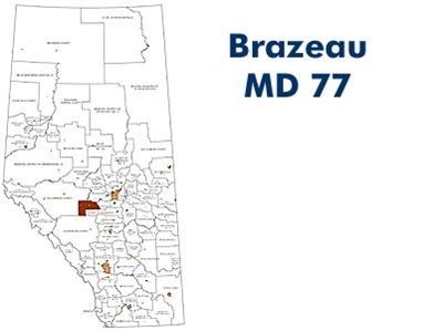 Brazeau Municipal District Landowner Map - MD 77. County and Municipal District (MD) maps show surface land ownership with each 1/4 section labeled with the owners name. Also shown by color are these land types - Crown (government), Freehold (private) and