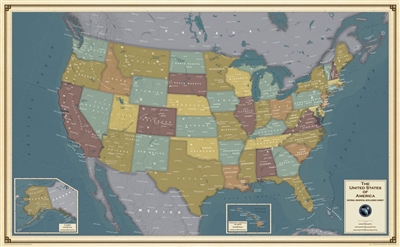 USA Simplified Political Wall Map. This map shows each state in a different color. Shows major places only. Includes insets for Alaska and Hawaii. Perfect for the office! Made by the National Geospatial Intelligence Agency.