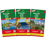 AUSTRIA 3-SHEET MAP SET.  A three map regional road map of Austria at 1:250, 000 in a plastic wallet with popper. Each paper map is double-sided with a place name index on the reverse side.
Details: Tourist information, Distances in km, Index with postal