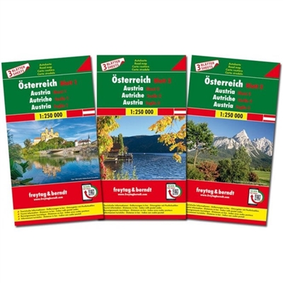 AUSTRIA 3-SHEET MAP SET.  A three map regional road map of Austria at 1:250, 000 in a plastic wallet with popper. Each paper map is double-sided with a place name index on the reverse side.
Details: Tourist information, Distances in km, Index with postal