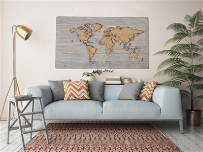 LARGE World Travel Map - Cork Pin Map with Flags GREY. Share your travel story. Pin where you've been and add photos of your favorite places. This map of the World is printed on eco-friendly cork. Measures 48" wide x 27" tall. Comes with a durable grey so