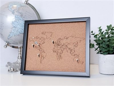 Framed World Cork Pin Map - Includes Flags. Share your story. Pin where you've been and add photos of your favorite places. This map of the World is printed on cork, which is an environmentally friendly material. Measured 8" x 10" and comes with a durable