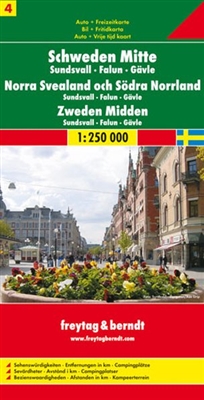 Central Sweden Travel & Road Map. This map of central Sweden shows the region around the cities of Sundsvall, Gavle and Falun. It includes distances in kilometres, and camping sites. Freytag & Berndt road maps are available for many countries and regions