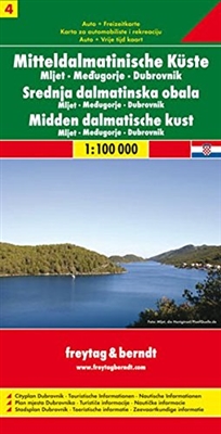 Middle Dalmatian Coast travel map 4 of Croatia and Slovenia by Freytag & Berndt. Includes Cavat, Mljet, Medugorje and Dubrovnik. In addition to the clear design, and shaded relief these road maps have a lot of additional information such as; roads, sights