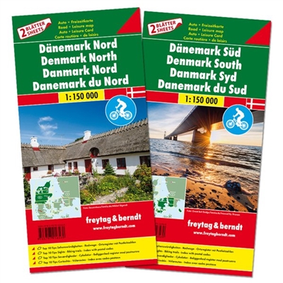 Denmark North & South Travel map bundle. This is an excellent double map set of Denmark at a scale of 1:150,000. Features two maps; Denmark North and Denmark South. Ideal for cycling, driving and detailed trip planning. Freytag & Berndt road maps are avai