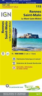 Rennes Saint-Malo France map IGN115. The brand new revision of the IGN Top 100 maps - originally designed for cyclists they should appeal to anyone who wants to explore their holiday area of France in detail by walking, cycling or by car. IGN says the new