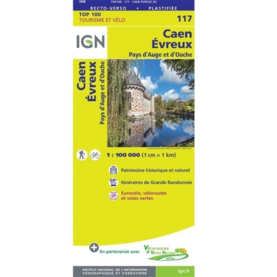 Caen Evreux France - Detailed Road Map. The brand new revision of the IGN Top 100 maps - originally designed for cyclists they should appeal to anyone who wants to explore their holiday area of France in detail by walking, cycling or by car. IGN say the n