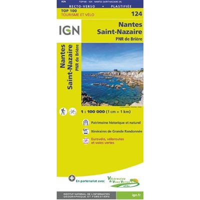 Nantes Saint-Nazaire France - Detailed Road Map. The brand new revision of the IGN Top 100 maps - originally designed for cyclists they should appeal to anyone who wants to explore their holiday area of France in detail by walking, cycling or by car. IGN