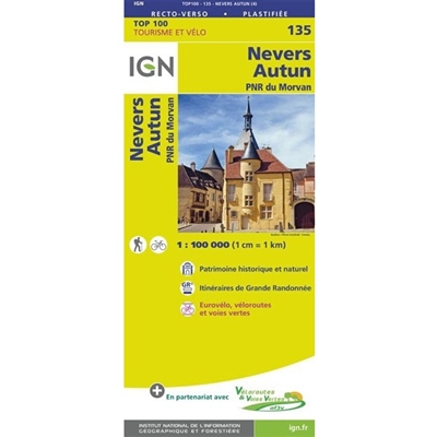 Nevers Autun France - Detailed Road Map. The brand new revision of the IGN Top 100 maps - originally designed for cyclists they should appeal to anyone who wants to explore their holiday area of France in detail by walking, cycling or by car. IGN say the
