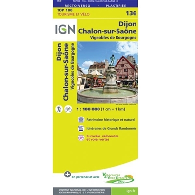 Dijon Chalons-sur-Saone France - Detailed Road Map. The brand new revision of the IGN Top 100 maps - originally designed for cyclists they should appeal to anyone who wants to explore their holiday area of France in detail by walking, cycling or by car. I