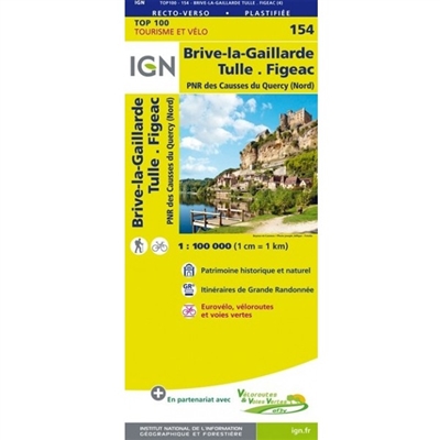Brive-la-Gaillarde Figeac France - Detailed Road Map. The brand new revision of the IGN Top 100 maps - originally designed for cyclists they should appeal to anyone who wants to explore their holiday area of France in detail by walking, cycling or by car.