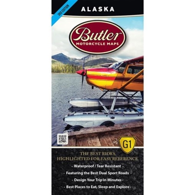 Alaska Motorcycle Map by Butler. This waterproof map provides detailed, easy to read information specifically for motorcyclists. The most dramatic sections of paved and dirt roads are highlighted in Butler Maps popular Gold, Red and Orange colors and are