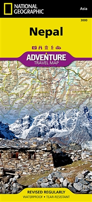 Nepal National Geographic Adventure Travel Map. The front side offers a detailed topographic and trekking map of central and eastern Nepal, including border regions with China and India. Mountaineers will stay on course with marked trails through the Hima
