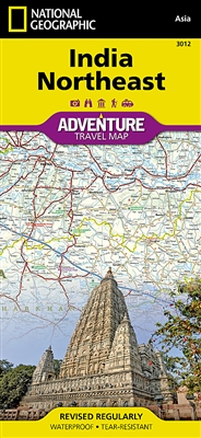 NE India National Geographic Adventure Map. The front side of the map covers the far northeastern corner of India, from its border with China and Bhutan to the north; Myanmar (Burma) to the east; and Bangladesh to the south. The states of Arunachal