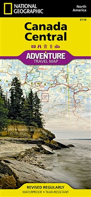 Canada Central National Geographic Adventure Map. This map includes the locations of cities and towns with a user-friendly index, a clearly marked road network complete with distances and designations for roads/highways, plus secondary routes for those se