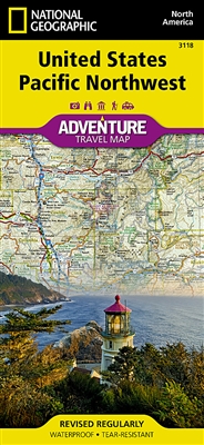USA Pacific NW National Geographic Adventure Map.  The states of Washington, Oregon and Idaho contain Olympic, Mt. Rainier, Crater Lake, and North Cascades National Parks, Mt. Saint Helens and Mount Hood volcanoes, Columbia River Gorge, and dozens of magn