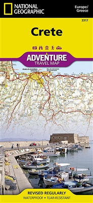 Crete Adventure Travel map. The front side of the Crete map details the eastern region of the island with the Sea of Crete to the north. The reverse side of the map shows the western region of the island with the Aegean Sea to the north and the Mediterran