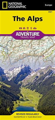 The Alps - Adventure Travel Map includes areas in Austria, Italy and Switzerland. The map includes the locations of cities and towns with a user-friendly index, plus a clearly marked road network complete with distances and designations for major highways